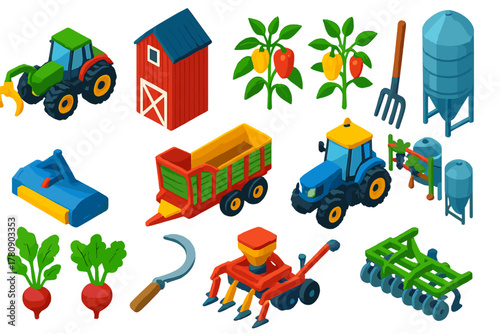 Agriculture Equipment Icons. Isometric vector illustration set agriculture: forestry tractor, tall barn, pepper plants, pitchfork,