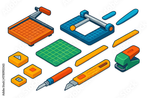 Stationery Tools Set. Isometric vector illustration set Stationery: paper guillotine, rotary trimmer, precision cutter, cutting