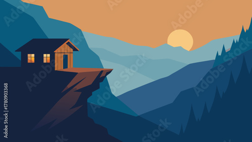 Beautiful house in the mountains at sunrise with fog and a stunning winter landscape view