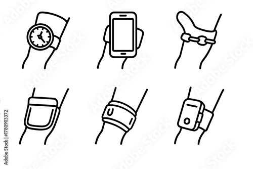 Prosthetic Accessories Icons. Line style icons of everyday prosthetic accessories: limb-mounted watch, integrated phone holder,