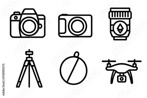 Photography Gear Icons. Line style icons of photography equipment for NFTs: DSLR camera, mirrorless cam, lens with crypto symbol,