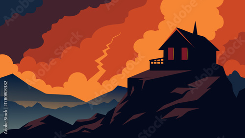 The old church and castle silhouettes stand against the colorful sunset sky and nature landscape