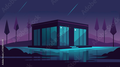 Night urban skyline and sea with a house in the landscape scene under the moon