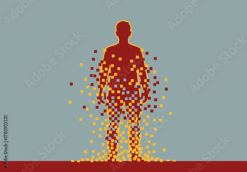 Abstract silhouette of a man dissolving into digital pixels with a vibrant gradient