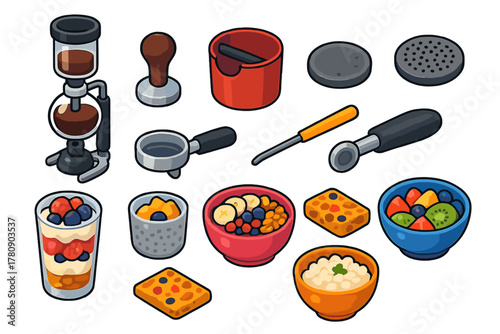 Coffee and Breakfast Icons. Isometric vector illustration set Coffee Equipment and Breakfast Treats: siphon coffee maker, coffee