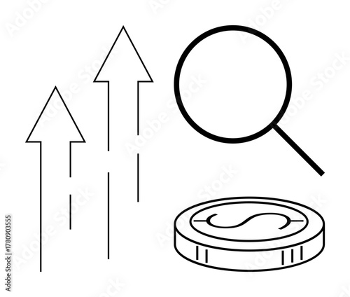 Upward arrows, a magnifying glass, and a coin represent increasing revenue, investment analysis, and economic progress. Ideal for finance, strategy, growth research economy business. Simple flat
