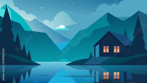 Snowy mountain peaks and a winter landscape silhouette against the blue morning sky with fog