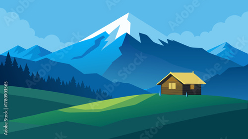 Scenic mountain landscape in the Alps with a house, green grass, and snow-capped peaks under a summer sky