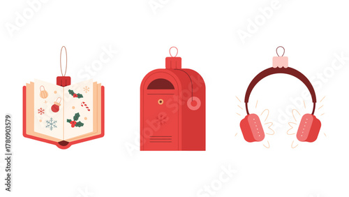 Festive Trio Ornaments: A charming array of red ornaments, each representing a unique facet of the holiday season, from a book to a headphone.