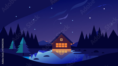 Cartoon winter landscape with snow, castle, and village under a Christmas night sky with moon and stars