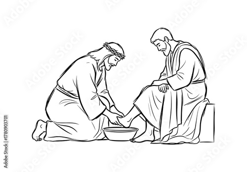Jesus washing feet of disciple: humility and service in line art