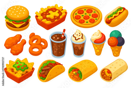 Colorful Fast Food Icons. Isometric vector illustration set Fast Food Items: cheeseburger deluxe, chili cheese fries, BBQ meat