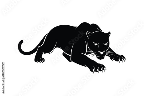 A sleek black panther in a crouching, stalking pose, minimalistic vector illustration