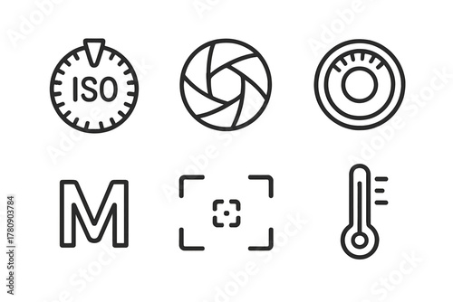 Camera Settings Icons. Line style icons of camera settings: ISO dial, shutter speed icon, aperture f-stop ring, manual mode symbol