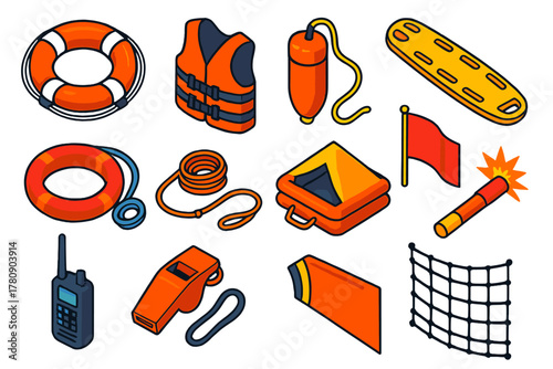 Water Rescue Essentials. Isometric vector illustration set Safety and Warning: lifebuoy, life jacket, rescue throw bag, water