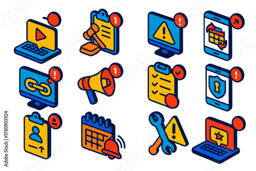 Workplace Alert Icons. Isometric vector illustration set Workplace Alerts: meeting start alert, HR policy update notification,