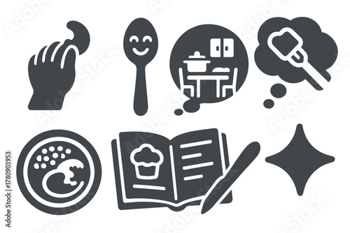 Nostalgic Childhood Meals. Solid style icons of childhood food memory: small hand with snack, joyful spoon icon, kitchen nostalgia