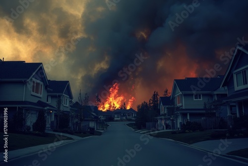 Destructive wildfire raging through residential neighborhood.