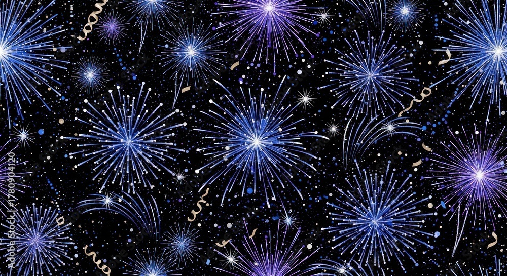 Naklejka premium A dark night sky bursts with vibrant blue and purple fireworks, celebratory ribbons and sparkles