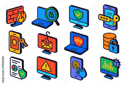 Cybersecurity Icons Set. Isometric vector illustration set Cybersecurity Applications: firewall screen, antivirus scan, secure