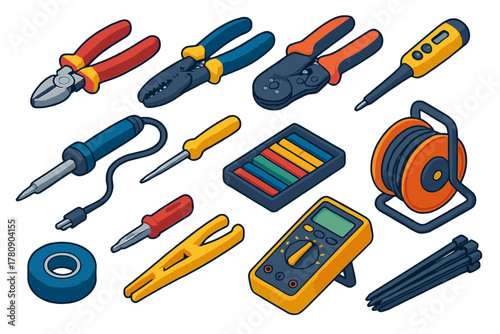 Electrical Tools Icons. Isometric vector illustration set Electrical Tools: wire cutter, wire stripper, crimping tool, voltage