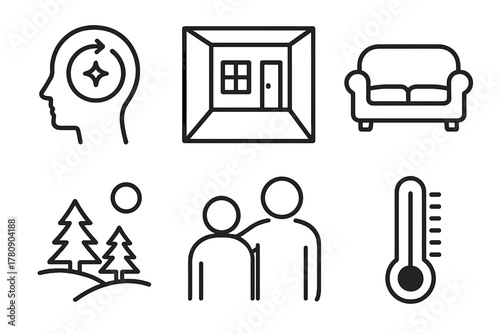Mindset and Environment Icons. Line style icons of set and setting: internal mindset icon, physical room layout, comfort space