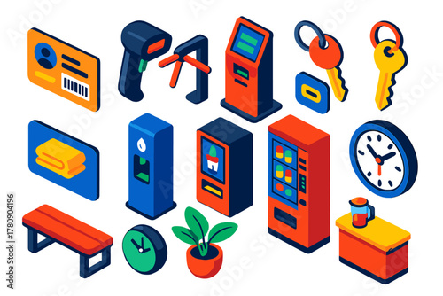 Fitness Gear Icons. Isometric vector illustration set Fitness and Workout Essentials: gym membership card, barcode scanner,