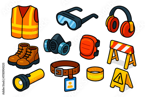 Construction Safety Gear. Isometric vector illustration set Construction: safety vest, protective goggles, ear protection, work