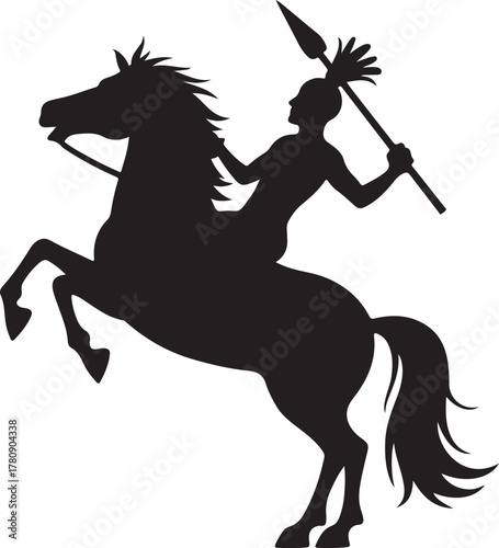 Black silhouette of warrior on rearing horse holding spear