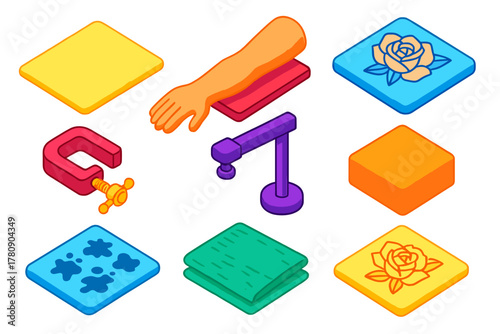 Tattoo Practice Tools. Isometric vector illustration set Tattoo equipment – tattoo practice skin sheet, latex practice arm,
