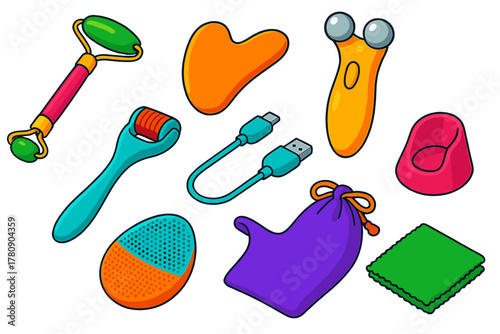 Skincare Tools Icons. Isometric vector illustration set Skincare routine – facial massage tool, gua sha stone, microcurrent wand;