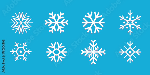 Collection of eight unique white snowflake illustrations on a vibrant blue background for winter themes