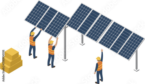 isometric illustration of solar panel installation by workers, renewable energy teamwork, sustainable electricity production, clean technology construction site concept design