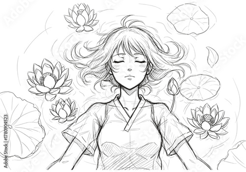 Serene anime character floating among lotus flowers in sketch style