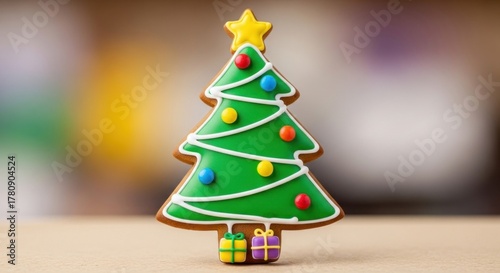 A festive gingerbread cookie shaped like a Christmas tree, decorated with icing and candy. Presents sit at the base