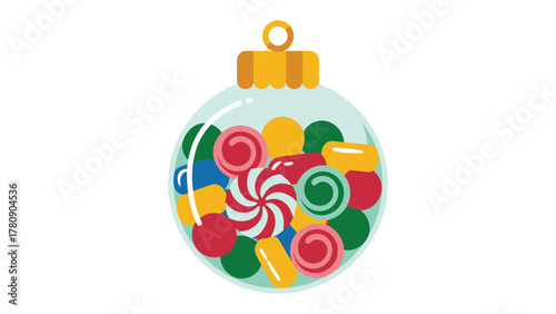 Festive Ornament of Sweet Treats: A colorful holiday ornament overflowing with an array of delectable candies, a symbol of joy and sweet indulgence. 