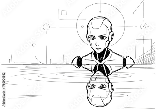 Sketch style futuristic android with reflection in water