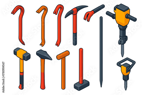 Tool Icons Collection. Isometric vector illustration set Tools: crowbar, pry bar, nail puller, wrecking bar, cat’s paw tool,