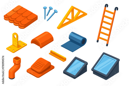 Roofing Tools Icons. Isometric vector illustration set Construction: roofing shingles, roofing nails, roof truss, roof ladder,
