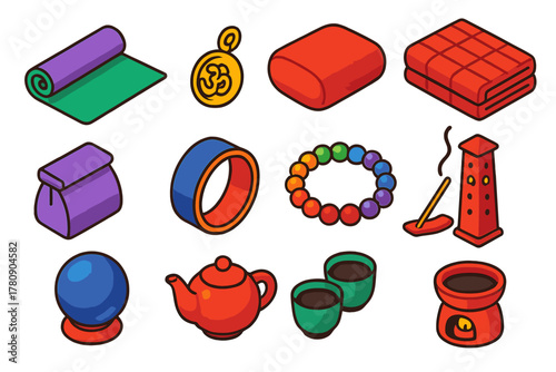 Vibrant Yoga Essentials. Isometric vector illustration set Yoga and Mindfulness Essentials: reversible yoga mat, OM pendant charm,