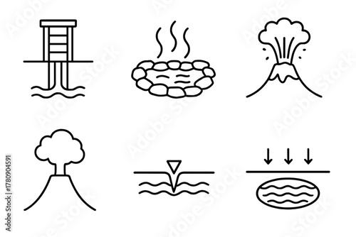 Geothermal Energy Icons. Line style icons of geothermal energy sources: geothermal well, hot spring, geyser eruption, volcanic