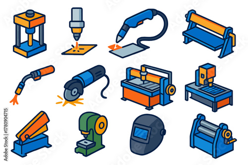 Metal Fabrication Tools. Isometric vector illustration set Metal Fabrication Tools: hydraulic press, laser cutting head, plasma