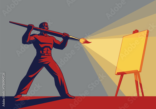 Powerful artist painting with giant brush on canvas in dramatic lighting