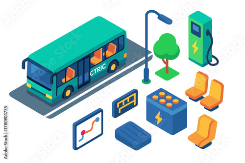 Sustainable Transit Icons. Isometric vector illustration set Climate action – electric bus, charging pole, battery pack; passenger