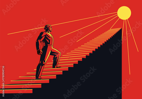 Man climbing stairs toward sun in retro futuristic style