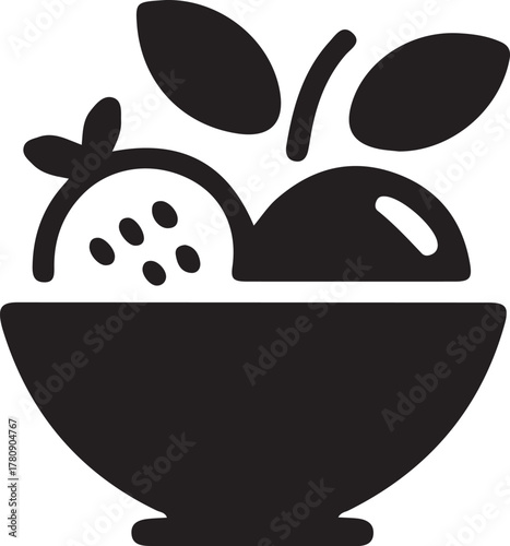 Nutritious fruit bowl icon with fresh leaves and berry