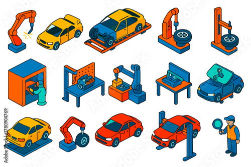 Automotive Manufacturing Icons. Isometric vector illustration set Automotive Manufacturing: robotic welding arm, car assembly line