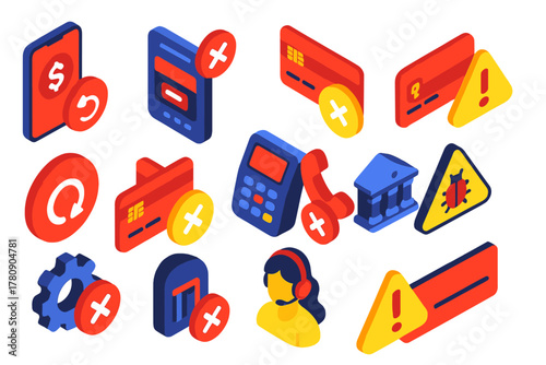 Payment Error Icons. Isometric vector illustration set Payment Error and Decline Icons: payment failed screen, card declined icon,