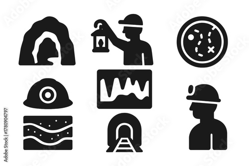 Subterranean Tourism Icons. Solid style icons of subterranean tourism: cave entrance glyph, guided lantern icon, underground map