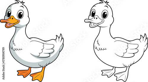 Cartoon duck illustration, cute animal drawing, white duck vector, coloring page outline, children’s book art, educational animal clipart, playful bird design